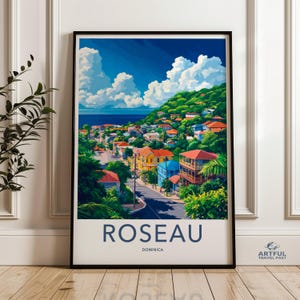 Roseau Dominica Wandkunst Druck, karibisches Stadtbild Poster, lebhaftes Inseldekor, buntes tropisches Wohndekor, Reiseandenken