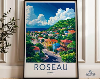 Plakat ścienny Roseau Dominica, plakat z karaibskim krajobrazem, tętniąca życiem wyspa, kolorowa tropikalna dekoracja domu, pamiątka z podróży