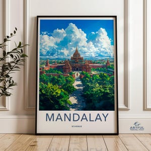 Mandalay Myanmar wall art, southeast Asia decor, Asian temple print, vibrant travel poster, lush landscape painting, scenic art