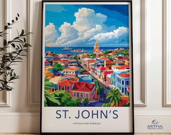 St John's Antigua and Barbuda Travel Poster, Colorful Caribbean City Wall Art, Coastal Town Print, Vibrant Island Decor, Scenic Print