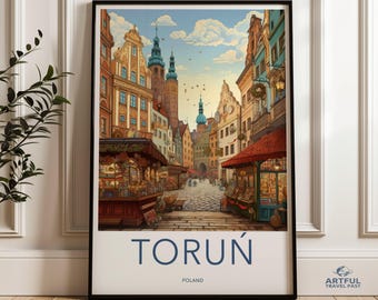 Torun Poland Wall Art, Historic Cityscape Illustration, Old Town Market Square Print, European Travel Decor, Quaint Street Scene