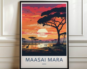 May include: A framed poster featuring a vibrant sunset over the Maasai Mara in Kenya. The illustration depicts a large acacia tree in the foreground, a giraffe, and a body of water under a red and orange sky. The text reads MAASAI MARA KENYA.
