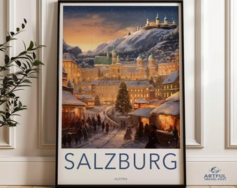 Salzburg Austria Winter Wonderland Wall Art, Christmas Market Illustration Print, Romantic Snowy Townscape Artwork, Historical City Scene