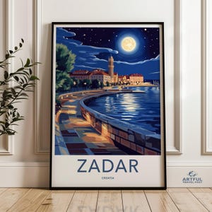Zadar Croatia wall art print, Seaside night cityscape poster, Moonlight coastal artwork, Scenic travel decor for home