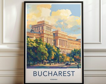 May include: A vertical art print featuring a painted scene of a large, multi-story neoclassical building in Bucharest, Romania, surrounded by lush green trees under a bright sky with yellow and white clouds. The word BUCHAREST is printed in blue.