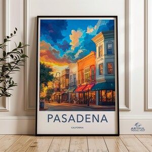 Pasadena Wall Art, Vintage Cityscape Print, Sunset Skyline Decor, California Urban Scene, Downtown Artwork, Vibrant Street Illustration