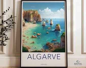 Kunst aan de muur Algarve, Portugese kustprint, illustratie klif strand, schilderachtig uitzicht op de oceaan, decor nautische kunst