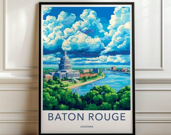 Baton Rouge wall art, Louisiana skyline print, cityscape art poster, vibrant home decor, colorful city wall hanging