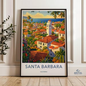 Santa Barbara California Wall Art, Cityscape Painting, California Travel Poster, Palm Trees Art Print, Coastal Decor, Beach House Wall Decor