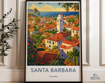 Santa Barbara California Wall Art, Cityscape Painting, California Travel Poster, Palm Trees Art Print, Coastal Decor, Beach House Wall Decor