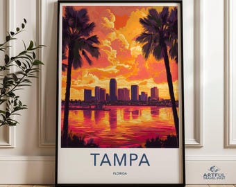 Tampa Florida Wall Art, Cityscape Art, Sunset Palm Trees Print, Home Decor, Modern Art, Travel Poster, Florida Artwork, Gift Idea