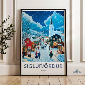 Scena invernale della città di Natale, arte murale del villaggio innevato, stampa di Siglufjordur, Islanda, decorazioni natalizie, decorazioni stagionali nordiche, poster festivo