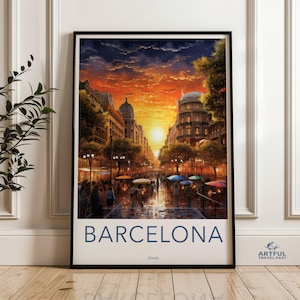 Barcelona Sunset Wall Art, Cityscape Print, Urban Sunset Art, Colorful Spanish Street Scene, Large City Poster, Modern Home Decor