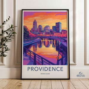 Stampa artistica murale con paesaggio urbano di Providence, Rhode Island, arredamento urbano vibrante, opera d'arte sullo skyline del tramonto, illustrazione colorata della città