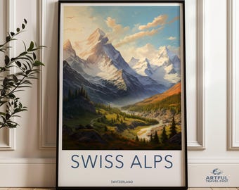 Prachtige Zwitserse Alpen kunst aan de muur, schilderachtige landschapsprint van Zwitserland, woondecoratie alpengebergte, poster natuurfotografie