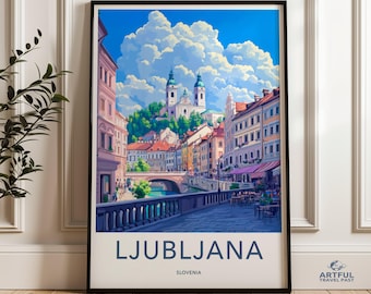 Ljubljana Slovenië stadsgezicht kunst aan de muur, levendige Europese architectuur, reisdecor print, schilderachtige kunstwerken voor thuis en op kantoor