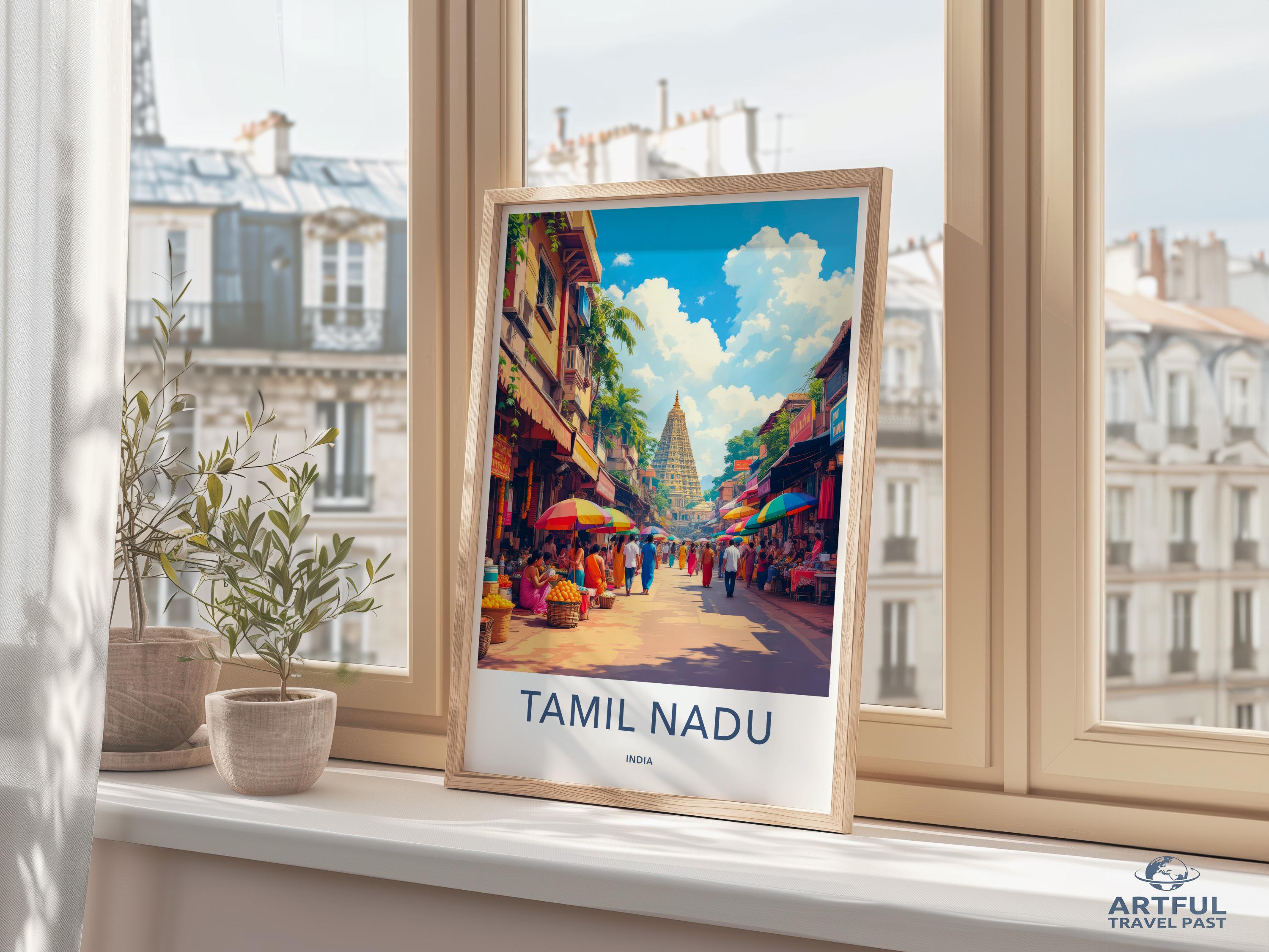 Tamil Nadu Travel Poster, India Cityscape Wall Art, Vibrant Street
