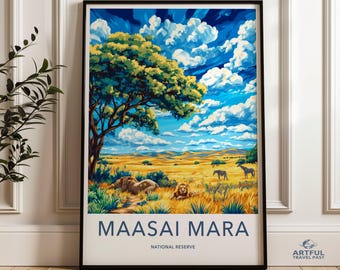Vibrant Maasai Mara Wall Art, Colorful Wildlife Landscape Print, African Safari Artwork, Serengeti Poster, Nature Scenery Decor