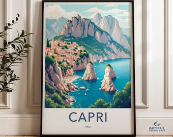 Impressão costeira de Capri, Itália, arte de parede com paisagem de praia, pôster de viagem contemporâneo, decoração do mar Mediterrâneo, ilustração vintage do oceano