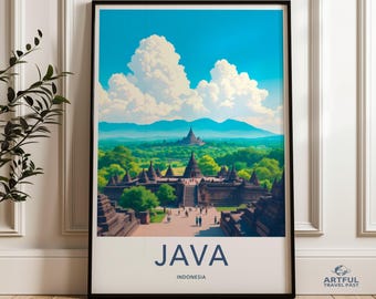 Java Indonesien Reise Poster, Vintage Reise Wandkunst, Südostasien Dekor, Einzigartiger Indonesien Druck, Insel Java Kunstwerk
