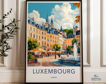 Luxembourg Wall Art, Europe Travel Poster, Cityscape Painting, Fountain Artwork, Architectural Print, Souvenir Gift, European City Art, Wall