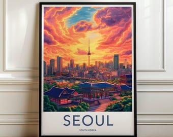 Livlig Seoul Sydkorea väggkonst, stadslandskapsaffisch, skylinetryck, färgglad solnedgångsdekor, urbant landskapskonstverk, koreansk resekonst