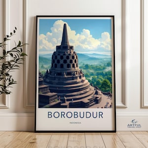 Borobudur Temple Indonesia Wall Art Print, Travel Poster, Wanderlust, Home Decor, Art Print, Vintage Style Poster for Living Room