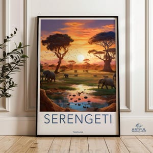 Serengeti Wall Art, African Sunset Landscape Art, Elephants and Wildlife Print, Nature Scene Print, Tanzania Safari Decor