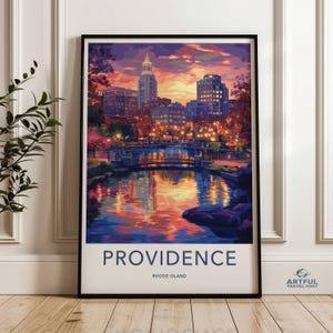Stampa skyline di Providence Rhode Island, arte murale del paesaggio urbano, poster del paesaggio urbano al tramonto, opera d'arte della scena notturna di Providence