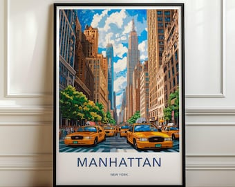 New York City Wall Art, Manhattan Street Scene Print, Urban Cityscape Decor, Empire State Building Artwork, NYC Taxi Canvas