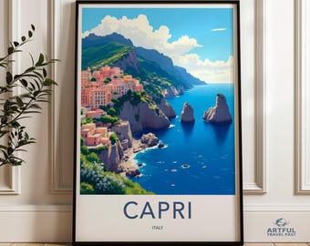Cartaz de viagem de Capri, Itália, impressão de arte de parede costeira moderna, arte cênica mediterrânea, decoração vibrante de ilha italiana