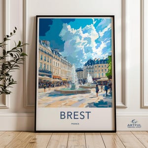 Arte de parede de Brest, França, Paisagem urbana, Praça da fonte, Impressão de viagem, Arte europeia, Paisagem urbana, Arte moderna, Decoração de casa, Decoração de parede