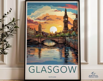 Glasgow Scotland Sunset Scenic Wall Art, Glasgow City Print, Sunset Cityscape Poster, Scotland Travel Decor, Glasgow Landmark Art