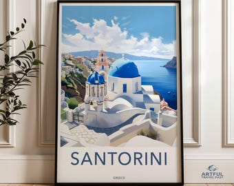 サントリーニ島ギリシャのウォールアート、旅行ポスター、ギリシャの島のプリント、地中海風装飾、海岸アート、ブルードームサントリーニアート、ホームデコレーション