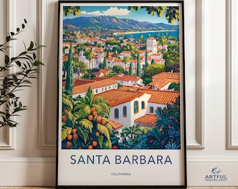 Santa Barbara Wall Art, California Travel Poster, Vintage Cityscape Print, Coastal Home Decor, California Art, Souvenir Art, Gift, Vacation