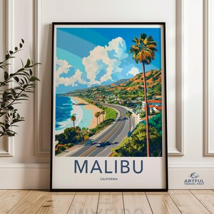 Malibu California Wall Art, stampa spiaggia costiera, poster di viaggio vintage, arte paesaggistica, arredamento per la casa, opera d'arte con vista sull'oceano