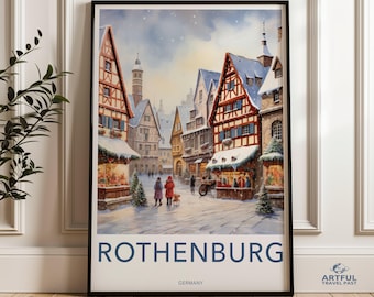 Rothenburg Wall Art, German Village Print, Vintage European Town Scene, Winter Snow Street, Historical Architecture, Holiday Decor