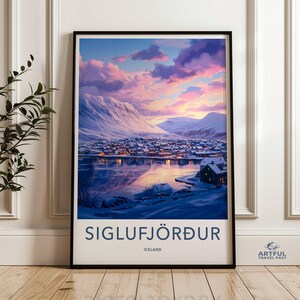 Siglufjordur Islanda arte murale, bellissimo poster di paesaggio islandese, stampa vista villaggio tramonto, arredamento casa scandinavo