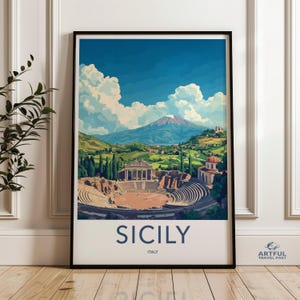 Sicily Italy Wall Art, Vintage Travel Poster, Sicily Print, Italy Decor, Mediterranean Landscape Art, Retro Poster Print