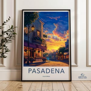 Art mural paysage urbain de Pasadena, impression coucher de soleil en Californie, déco de lampadaire romantique, affiche paysage urbain, vue élégante en soirée