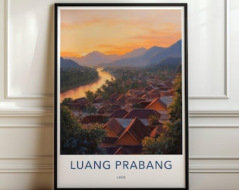 Sztuka ścienna Luang Prabang, wydruk z zachodem słońca w Laosie, malarstwo pejzażowe z tropików, wystrój spokojnej wioski, egzotyczne dzieła sztuki podróżniczej, sztuka do domowego biura