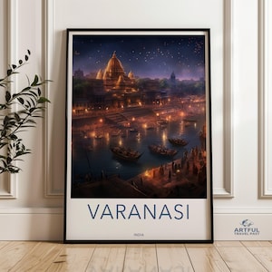 Varanasi Wall Art, Historic Indian City Print, Nighttime River Scene, Varanasi India Landmark Decor, Ganges River Artwork