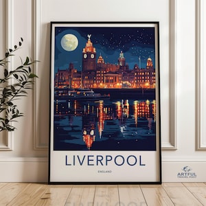 Liverpool cityscape wall art, Liverpool England night scene print, Liverpool landmark illustration, moonlit Liverpool skyline