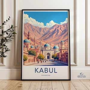 Póster de viaje del paisaje urbano de Kabul, Afganistán, arte mural de estilo vintage, obra de arte de Kabul, decoración afgana, arte urbano de Oriente Medio.