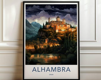 Alhambra Spain Wall Art, Scenic Night View, Historical Landmark, Spanish Architecture, Cultural Heritage, Majestic Landscape