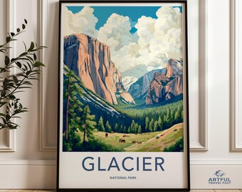 Grafika ścienna z Parkiem Narodowym Glacier, wydruk z krajobrazem natury, malowniczy widok górski, plakat z dziką przyrodą, dekoracja do przygód na świeżym powietrzu