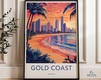 Gold Coast Australia, Wall Art, Travel Poster, Australian Print, Beach Scene, Cityscape Art, Palm Trees, Coastal Decor, Souvenir Print