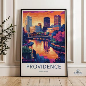 Arte murale con skyline di Providence, Rhode Island, poster del tramonto sul paesaggio urbano, vista vibrante del centro città, stampa del paesaggio urbano