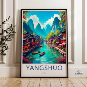 Yangshuo China Wall Art, Scenic Mountain River Landscape Print, Asian Traditional Village Decor, Vibrant Nature Poster