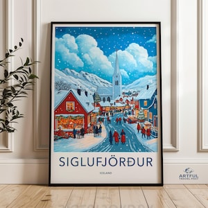 Scena di villaggio invernale, Siglufjörður, arte murale in Islanda, stampa di paesaggio innevato, opera d'arte di chiese e montagne, decorazioni natalizie